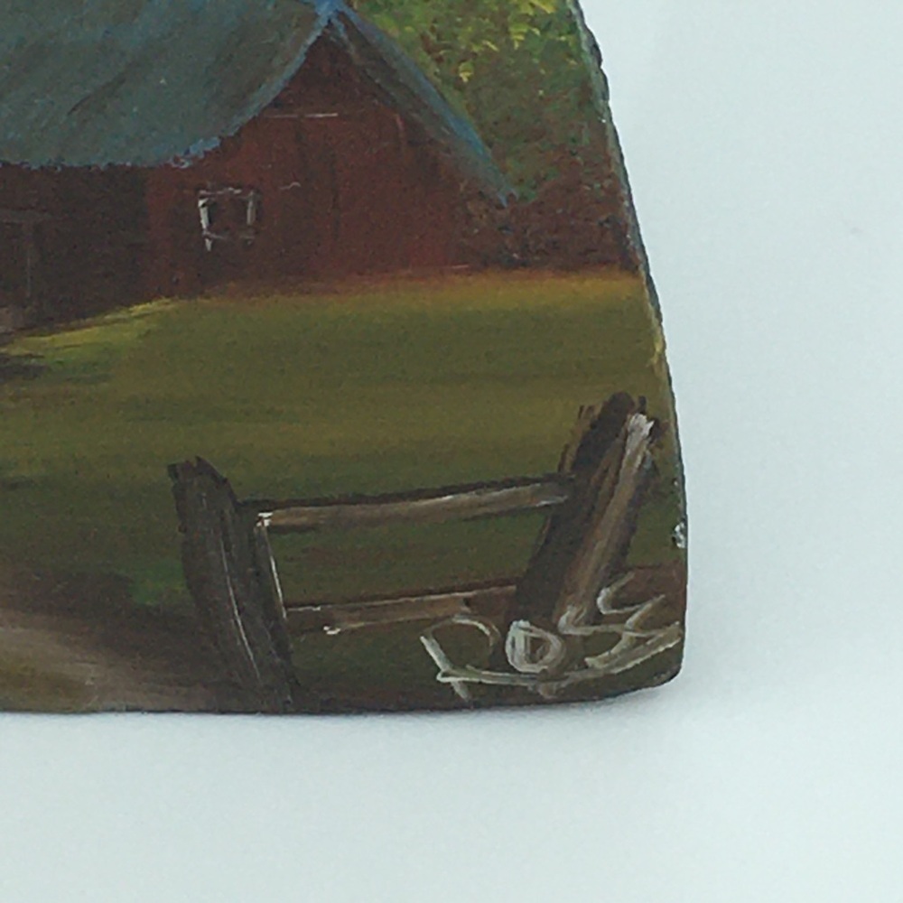 Antique Iron Hand Painted Oil Painting Rustic Farm Red Barn Signed Art Rose Mini - Picture 8 of 13